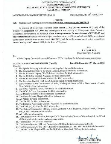 Extension of existing measures/ guidelines for containment of COVID-19 in the State